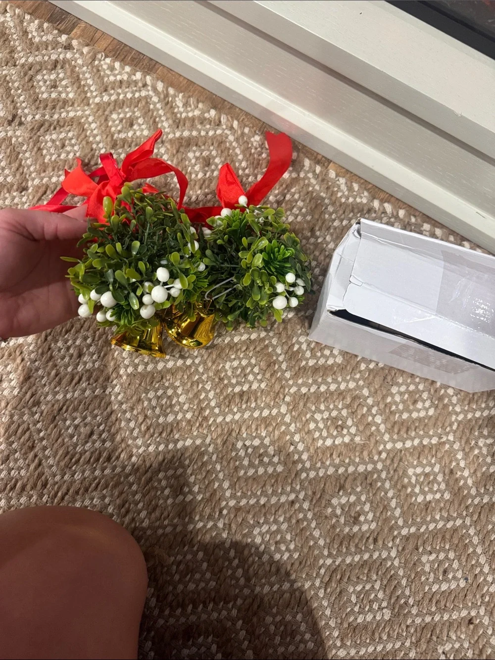 Holiday Boxwood Bell Ornaments with Red Ribbon (Set of 2)